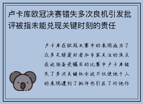 卢卡库欧冠决赛错失多次良机引发批评被指未能兑现关键时刻的责任