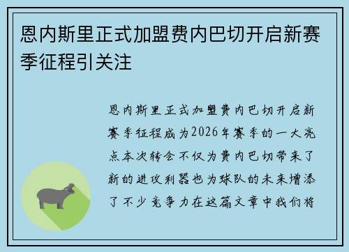 恩内斯里正式加盟费内巴切开启新赛季征程引关注