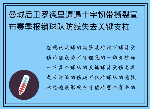 曼城后卫罗德里遭遇十字韧带撕裂宣布赛季报销球队防线失去关键支柱